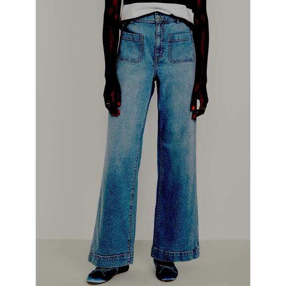 Retro Women Sz 16 High Rise Wide Leg Stretch Denim Jeans 90s Style Y2K 38x31.5 - Picture 1 of 8